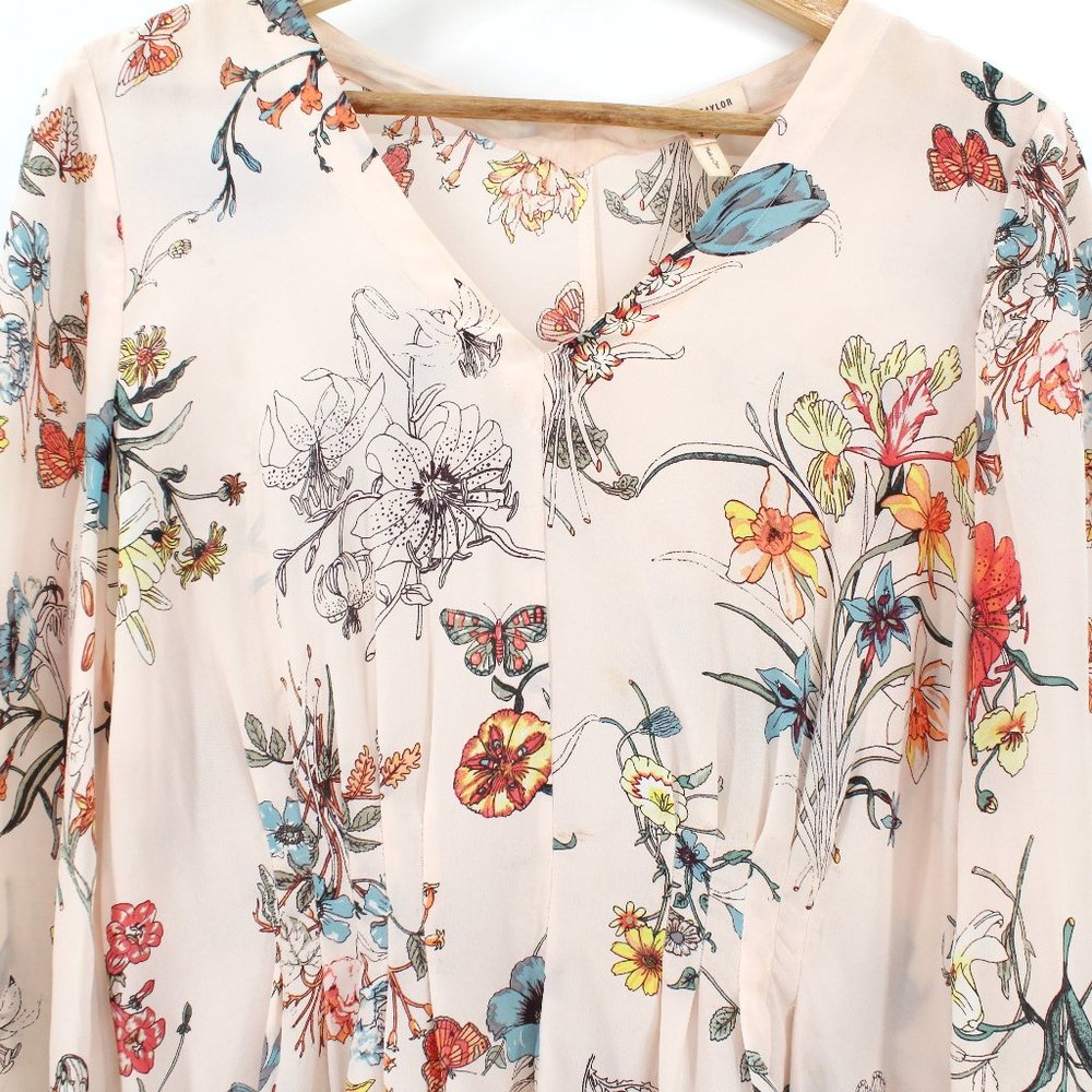 Rebecca Taylor 100%Silk Long Tie Sleeve Meadow Floral Top Pink Combo V-neck 2 - Picture 3 of 15